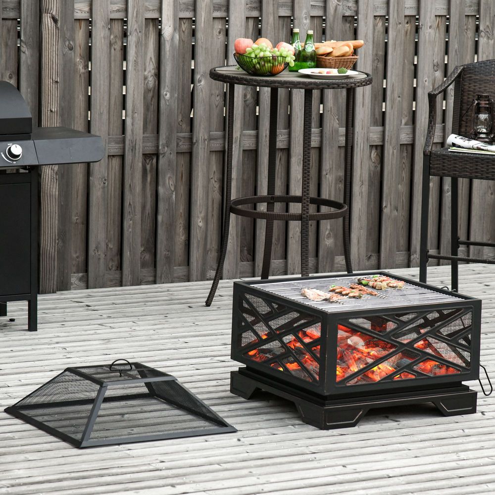 66cm Square Fire Pit Metal Brazier BBQ  Screen Cover Poker, Black - anydaydirect