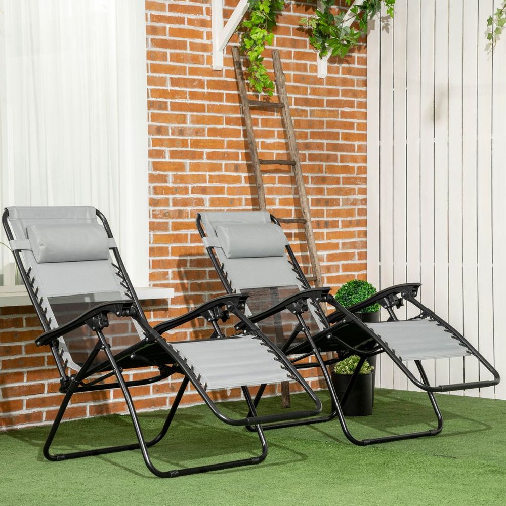 Foldable Garden Recliner Chair Set of 2 w/ Footstool & Headrest, Grey - anydaydirect