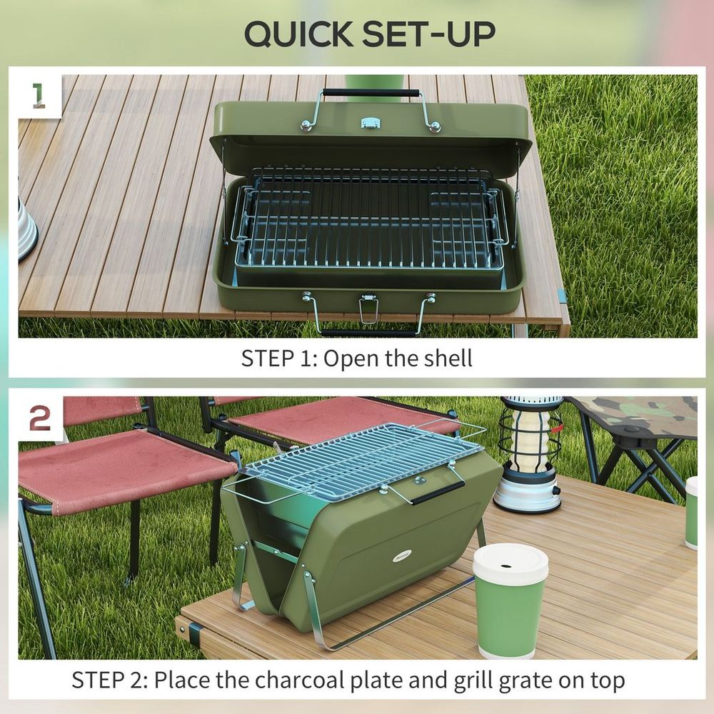 Outsunny Portable BBQ Grill with Suitcase Design for Camping Picnic Party, Green - anydaydirect