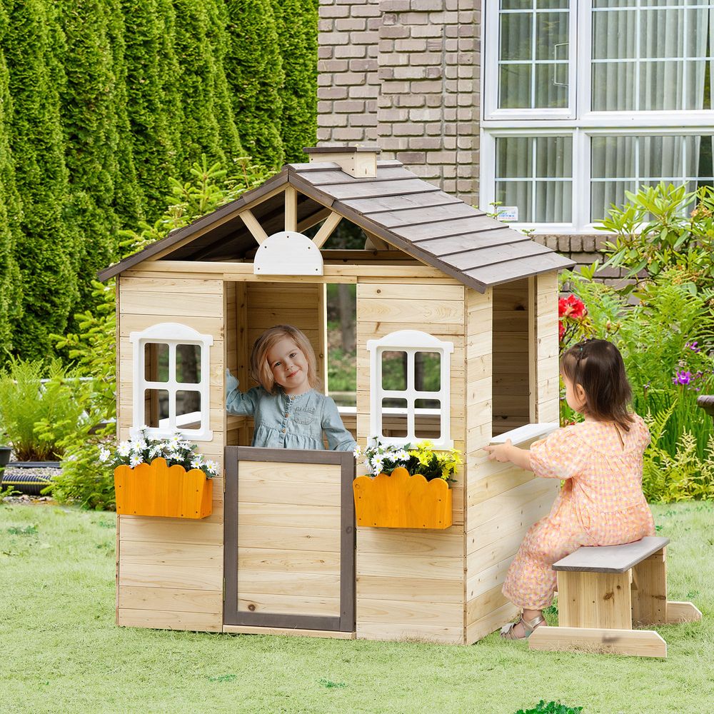 Wooden Kids Playhouse w/ Door, Windows, Bench, For Ages 3-7 Years - anydaydirect