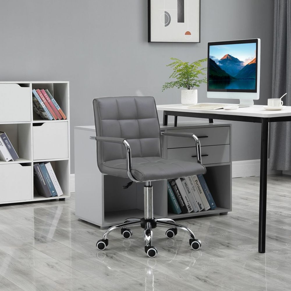 Mid Back PU Leather Home Office Chair Swivel Desk Chair with Arm, Wheel, Grey - anydaydirect