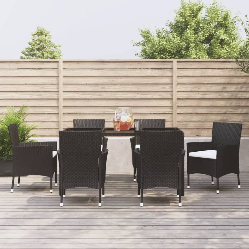 vidaXL 7 Piece Garden Dining Set with Cushions Black Poly Rattan - anydaydirect