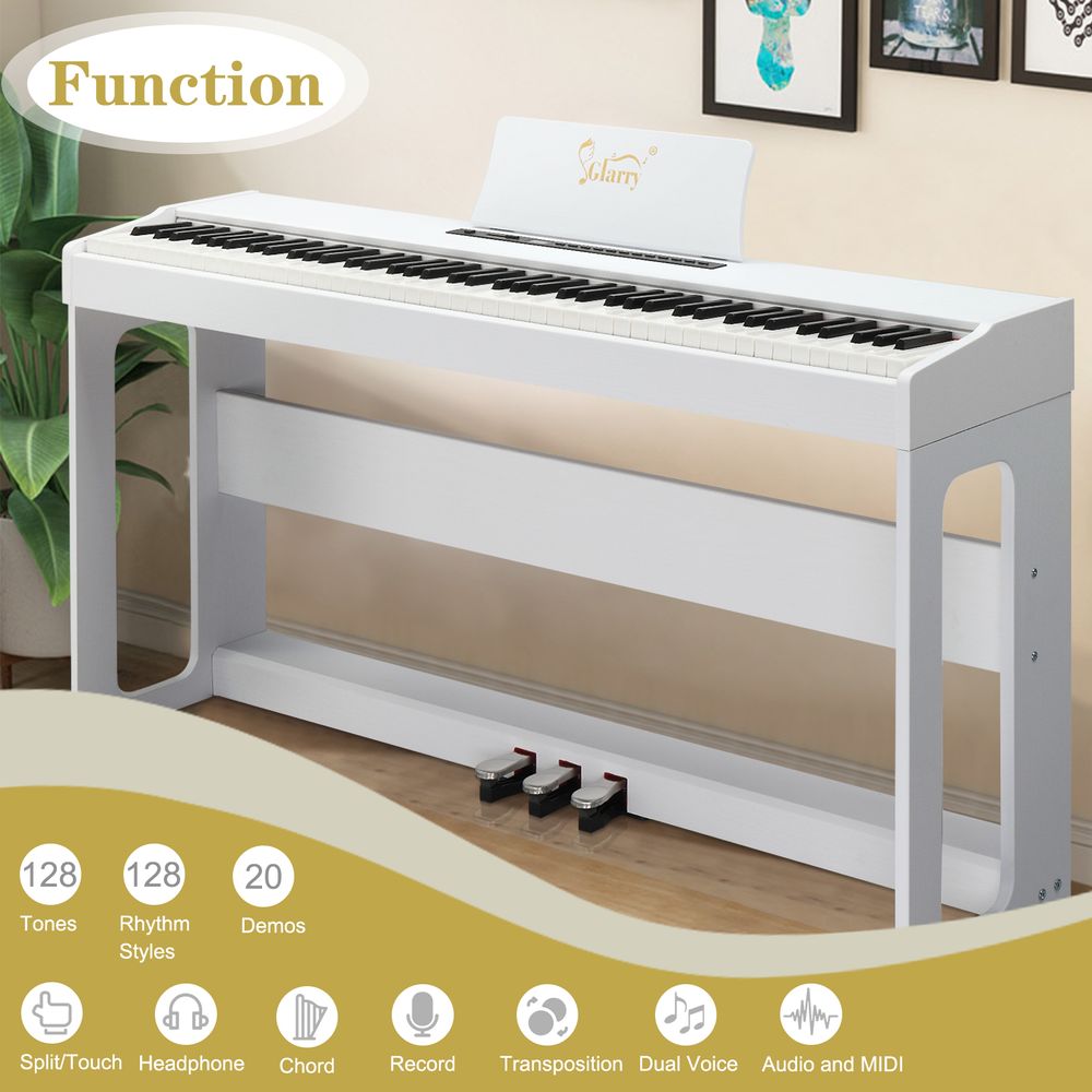 Glarry GDP-104 88 Keys Full Weighted Keyboards Digital Piano with Furniture Stand, Power Adapter, Triple Pedals, Headphone, for All Experience Levels White - anydaydirect