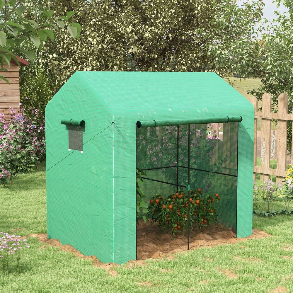 Outsunny Walk-in Green House with Roll-up Door and Mesh Windows, 200x140x200cm - anydaydirect