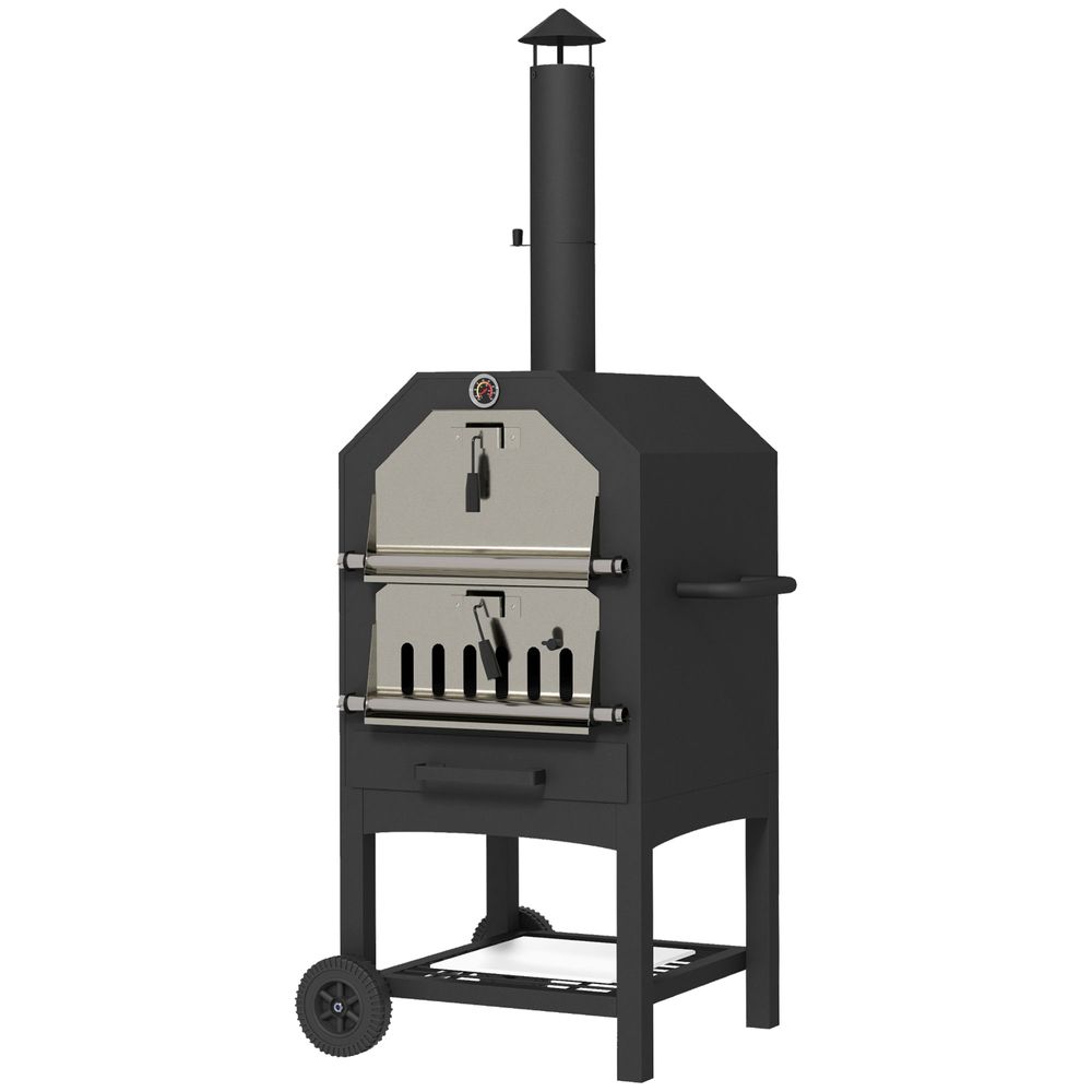 Outsunny Outdoor Pizza Oven Charcoal Grill with Rain Cover, Shelf and Wheels - anydaydirect