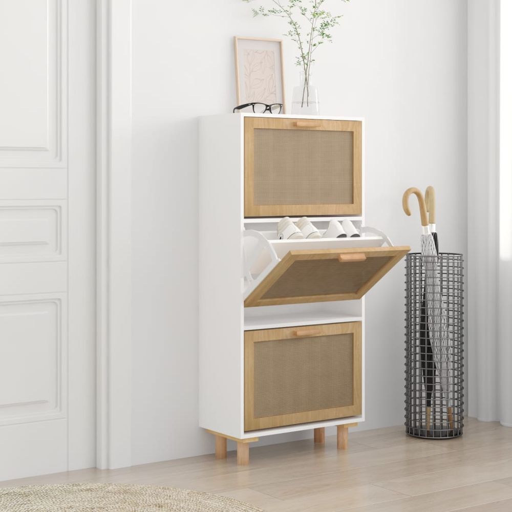 Shoe Cabinet White 52x25x115 cm Engineered Wood&Natural Rattan - anydaydirect