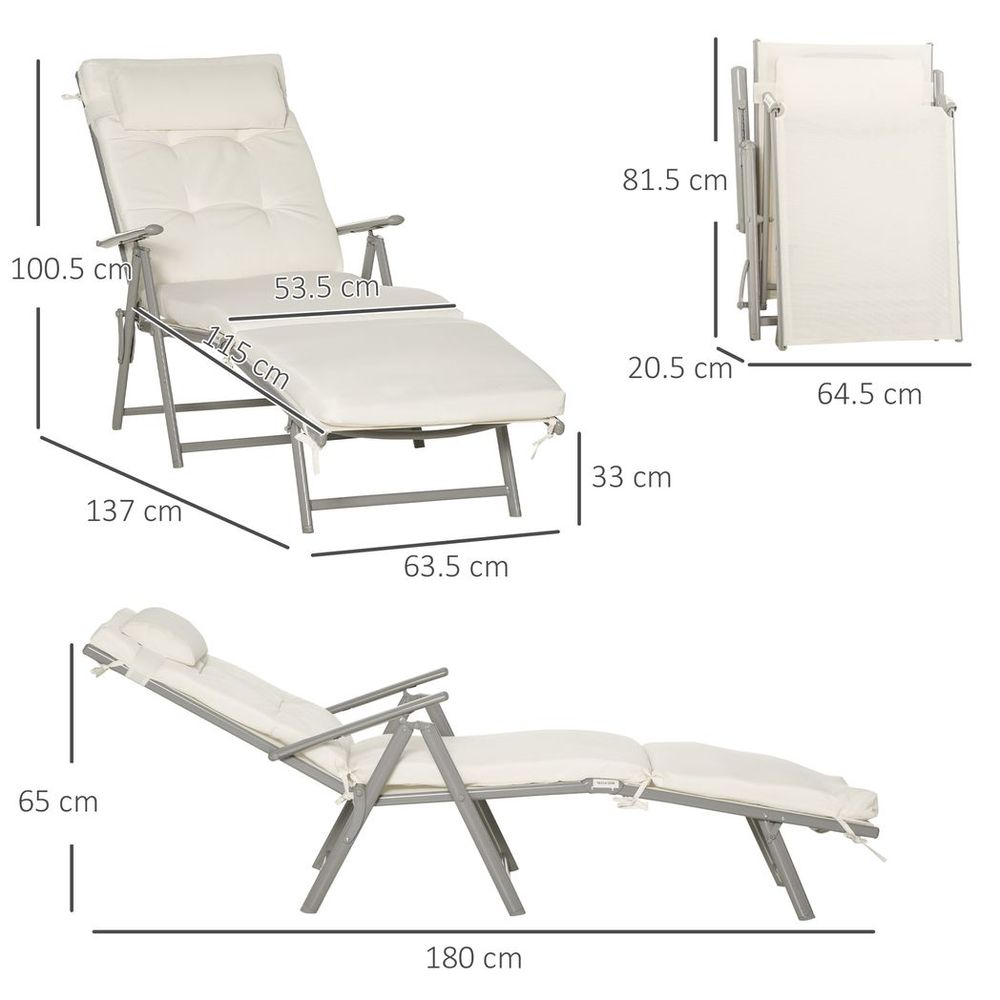 Sun Lounger Recliner Foldable Padded Seat Adjustable Texteline White - anydaydirect