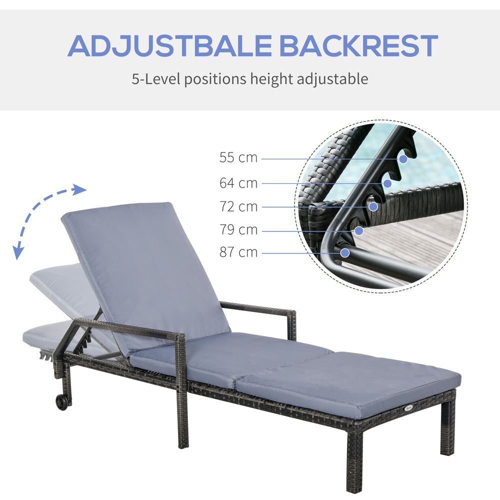 Mixed Grey Rattan Sun Lounger Garden Furniture w/ Adjustable Backrest & Wheels - anydaydirect