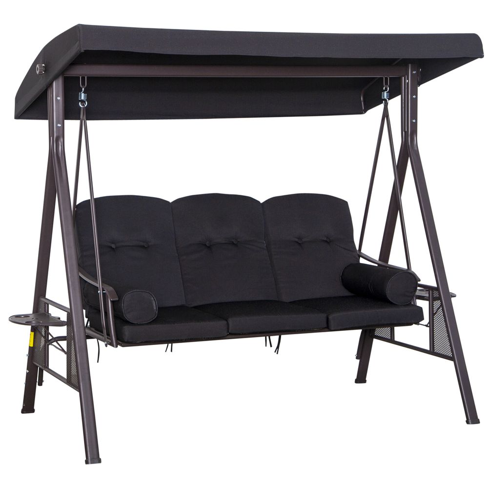 Outsunny 3 Seater Garden Swing Chair Patio Swing Bench w/ Cup Trays Black - anydaydirect