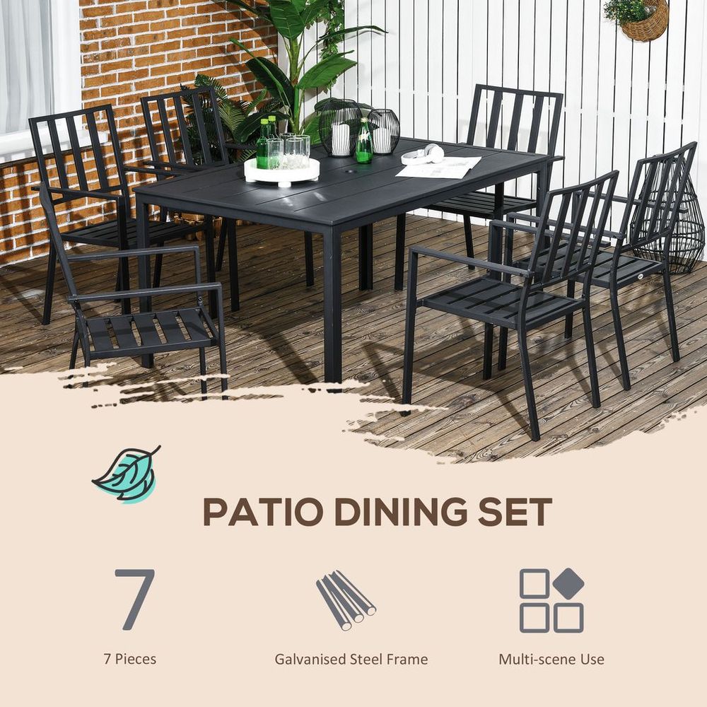 Outsunny 7 PCs Garden Dining Set w/ Stackable Chairs and Metal Top Table, Black - anydaydirect
