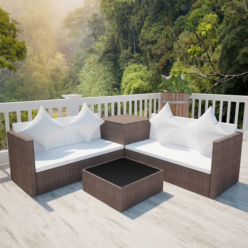 4 Piece Garden Lounge Set with Cushions Poly Rattan Brown - anydaydirect