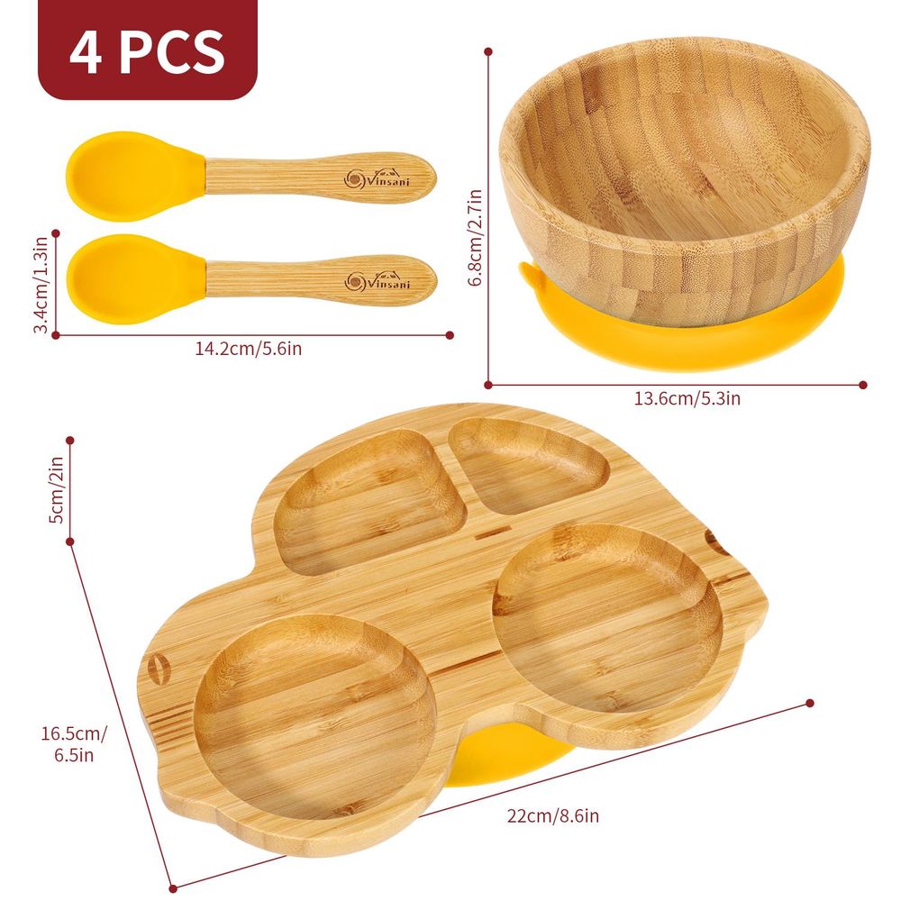 Bamboo Car Plate Bowl & Spoon Set Suction Bowl Stay-Put Design for Kids - anydaydirect