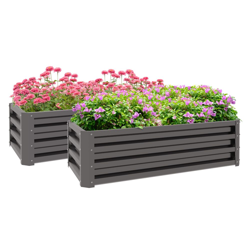 Outsunny Outdoor Planter Box, Steel Raised Garden Bed, Set of 2, Grey - anydaydirect