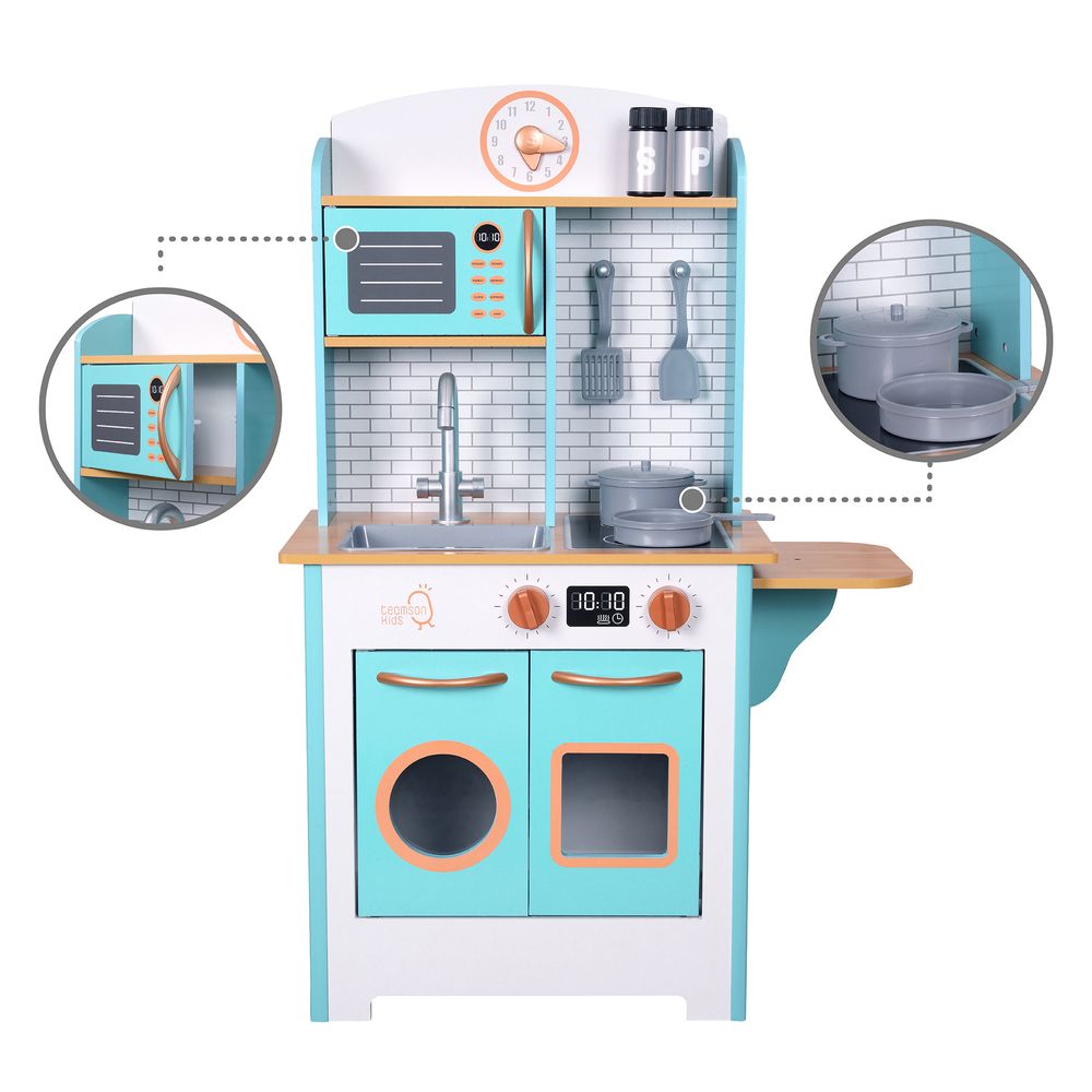 Small Retro Interactive Wooden Play Kitchen Toy & 7 Accessories - anydaydirect