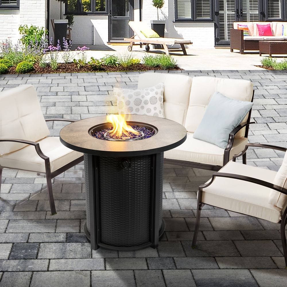 Outdoor Garden Round Gas Fire Pit Table Heater, Lava Rocks & Cover - anydaydirect