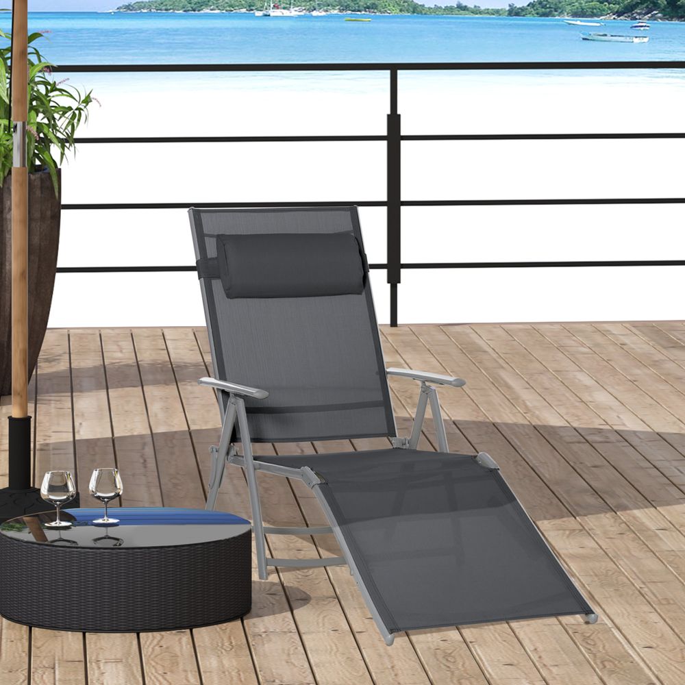 Sun Lounger Folding Chaise Chair Recliner & 7 Adjustable Backrest -  Dark Grey - anydaydirect