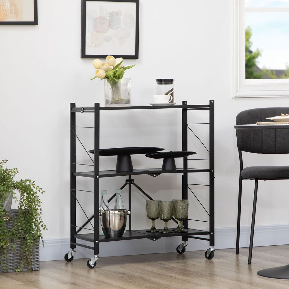3-Tier Storage Trolley Foldable Rolling Cart for Kitchen 68 x 34.5 x 85.5 cm - anydaydirect