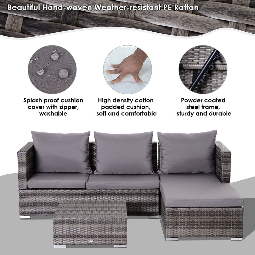 Outsunny Rattan Garden Sofa Set Storage Table Wicker Patio Lounger 4-Seater Grey - anydaydirect