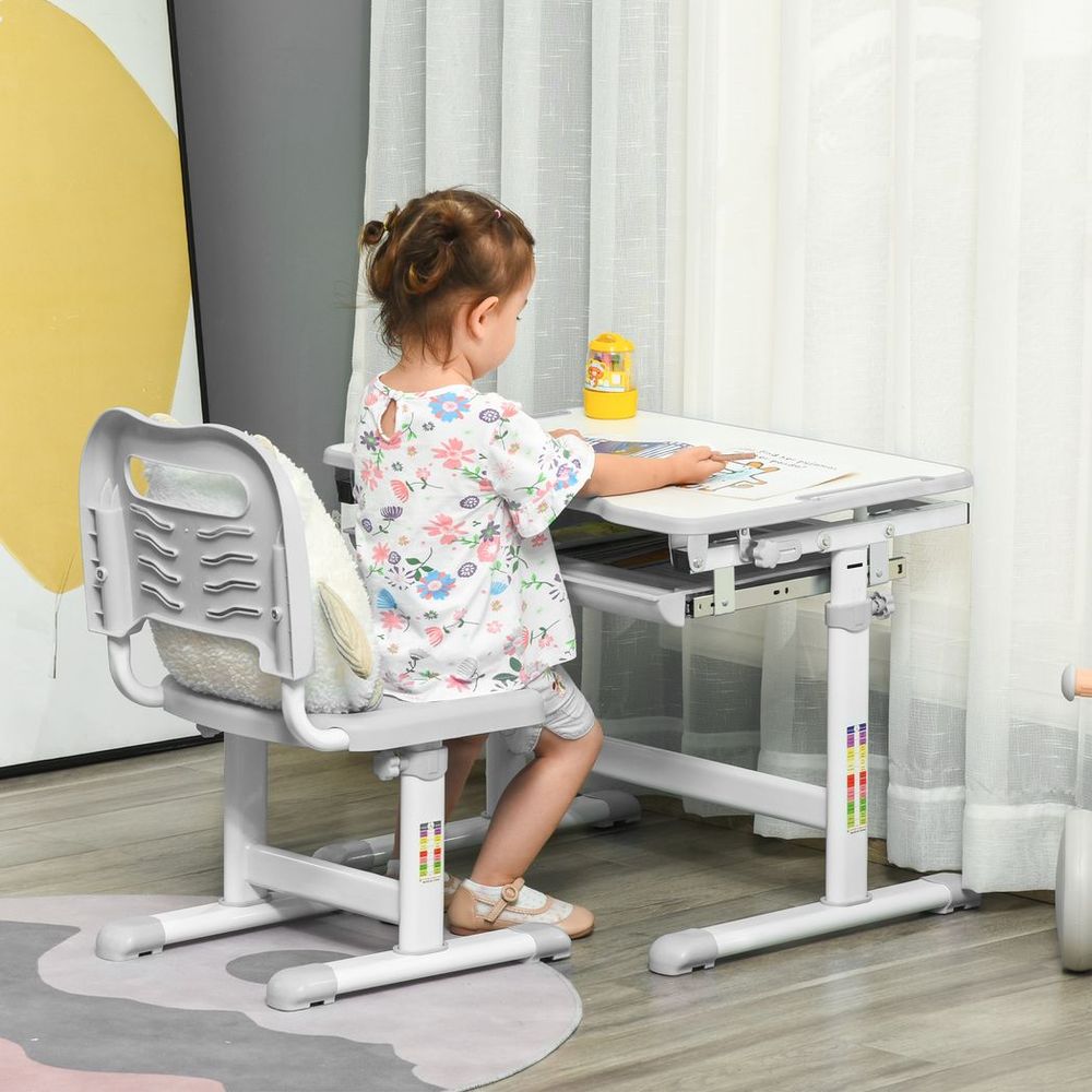 Kids Desk and Chair Set Adjustable Tiltable w/ Drawer, Pen Slot, Hook - anydaydirect