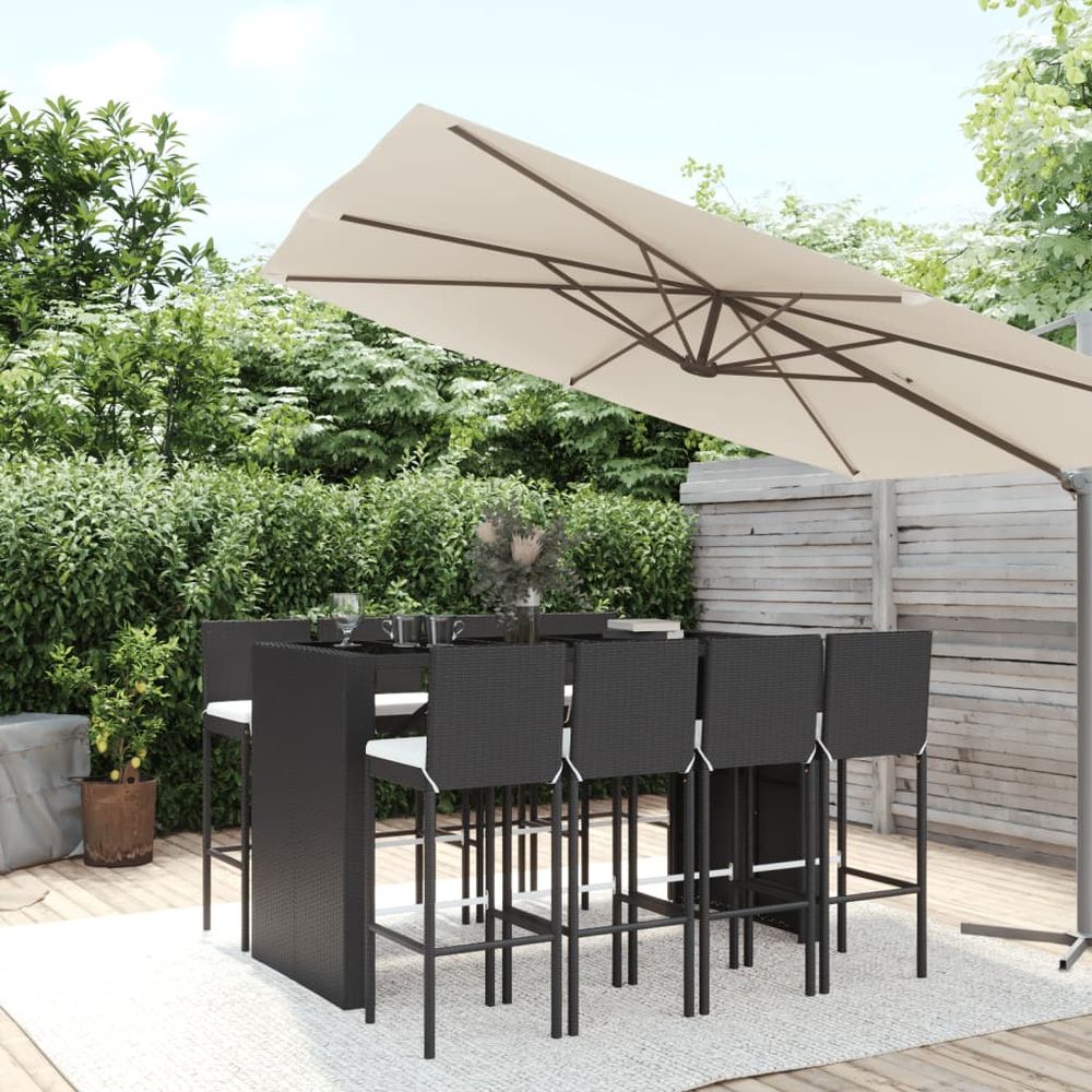 vidaXL 9 Piece Garden Bar Set with Cushions Black Poly Rattan - anydaydirect