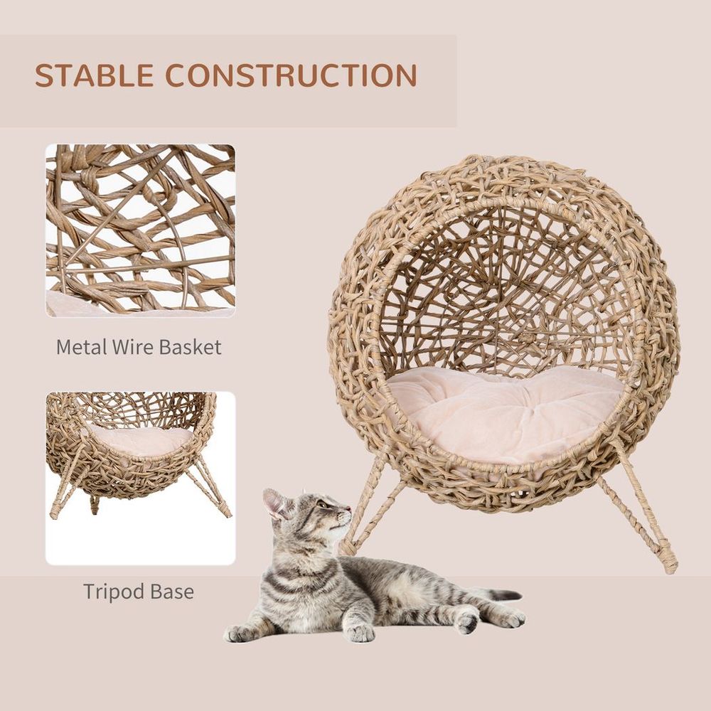 Wicker Cat House, Ball-Shaped Rattan Raised Cat Bed - Natural Wood Finish - anydaydirect