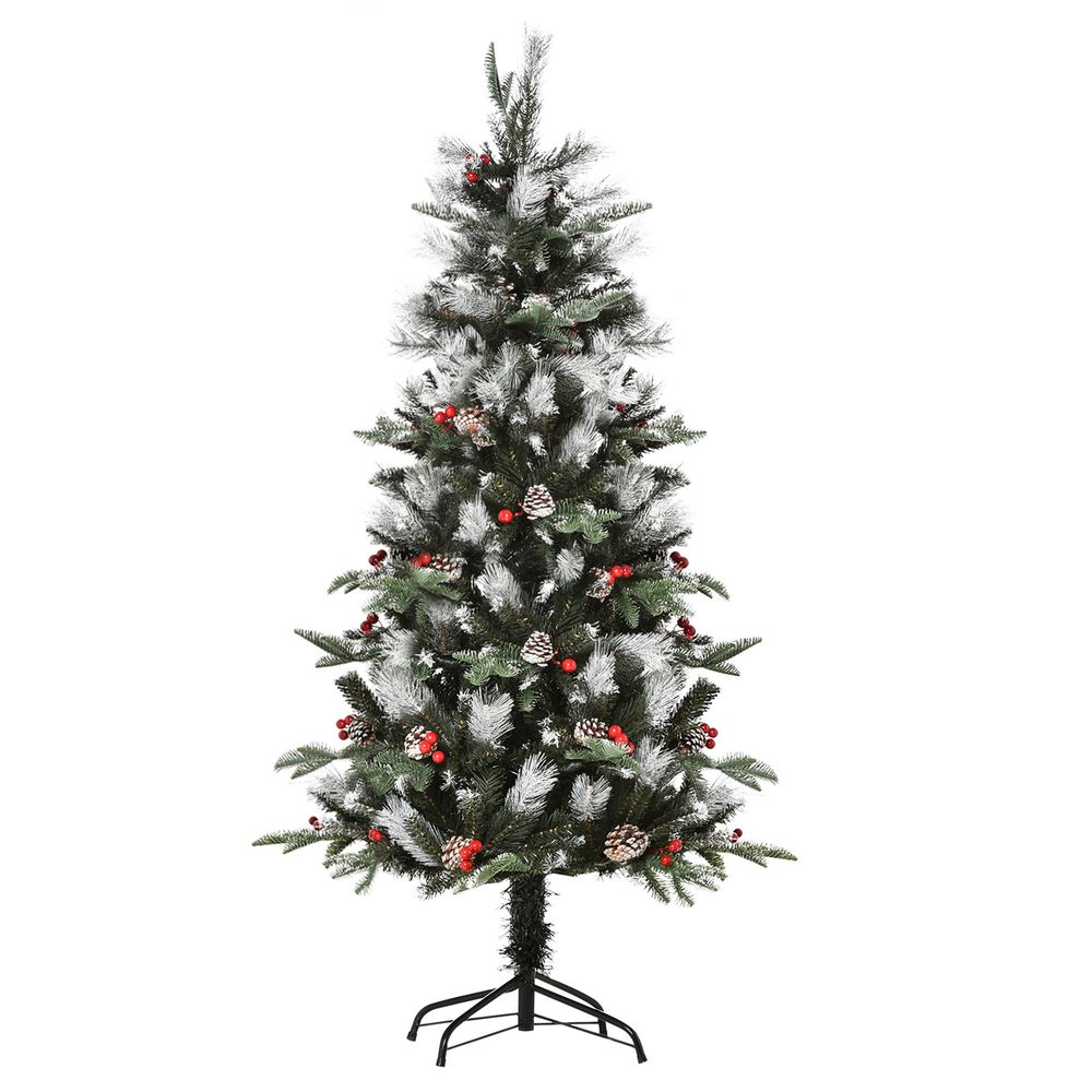5FT Artificial SnowDipped Christmas Tree Foldable Berries White Pinecones Green - anydaydirect