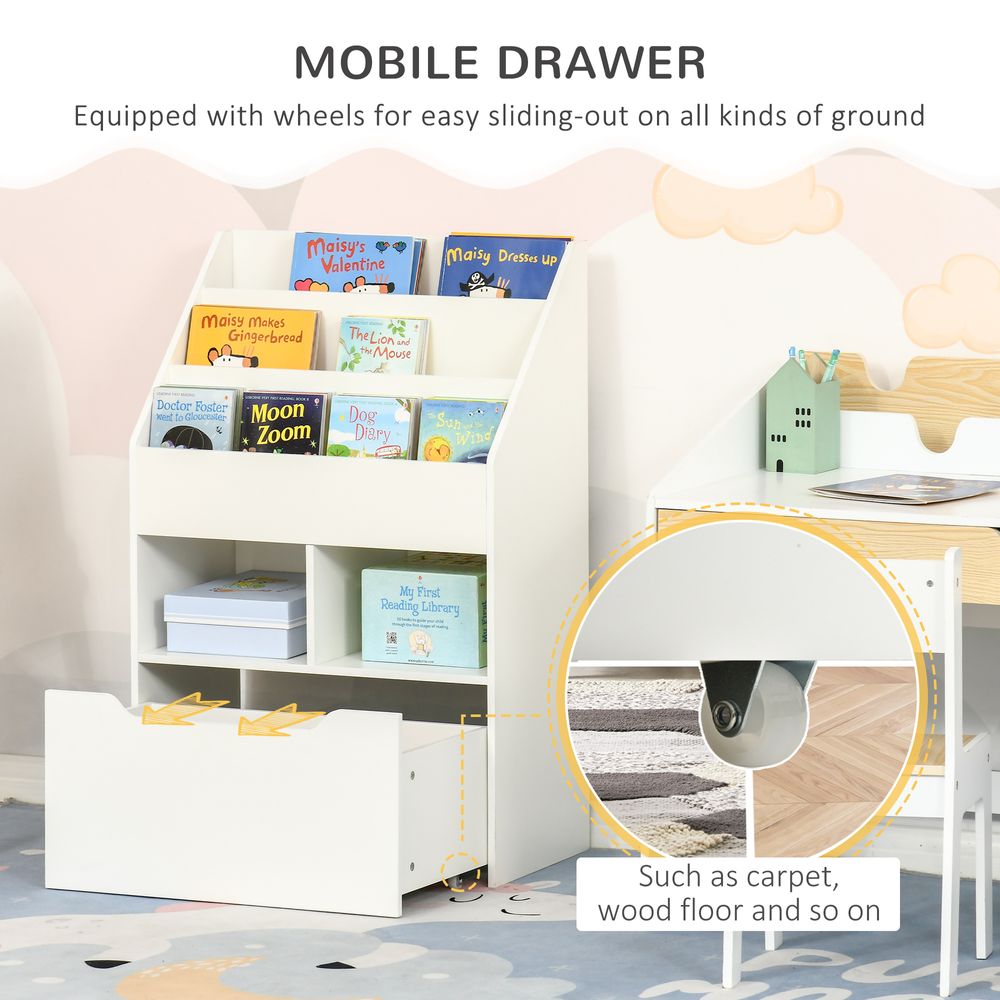 Children's Bookcase, Toy Organiser w/ Wheels, for Bedroom - White - anydaydirect