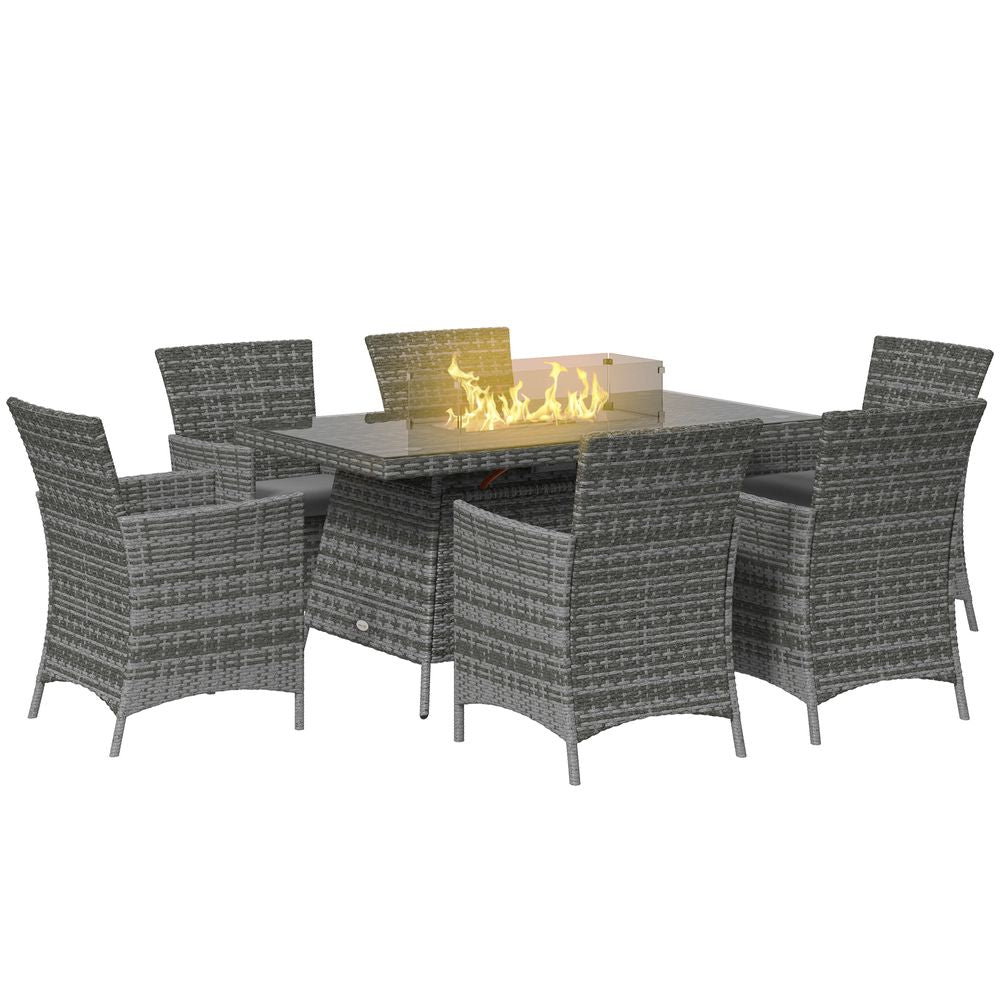 Outsunny PE Rattan Dining Set with Fire Pit Table and Cushioned Armchairs, Grey - anydaydirect