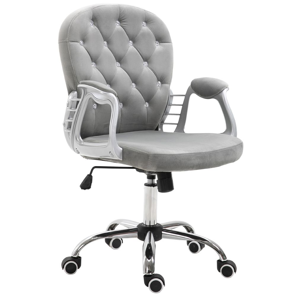 Office Chair Luxury Velour Diamond Tufted Padded Ergonomic 360 Swivel Grey - anydaydirect