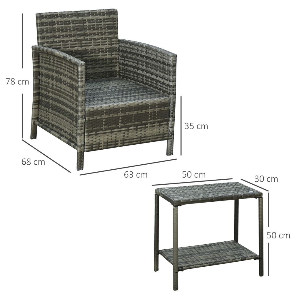 Outsunny 2-Seater PE Rattan Side Table & Armchair Set w/ Pillows Grey - anydaydirect