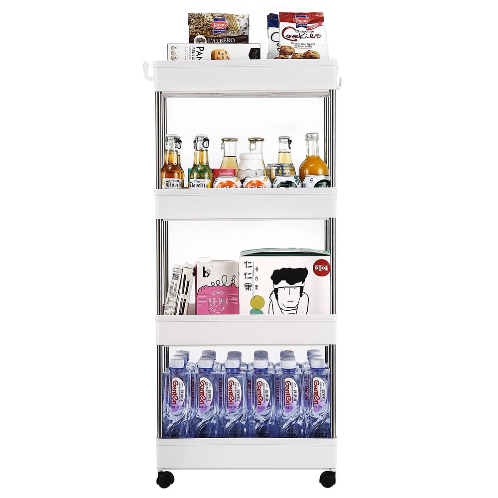4-Layer Mobile Multi-functional Storage Cart,Suitable for Kitchen, Bathroom, Laundry Room Narrow Place, Plastic and Stainless Steel, White - anydaydirect