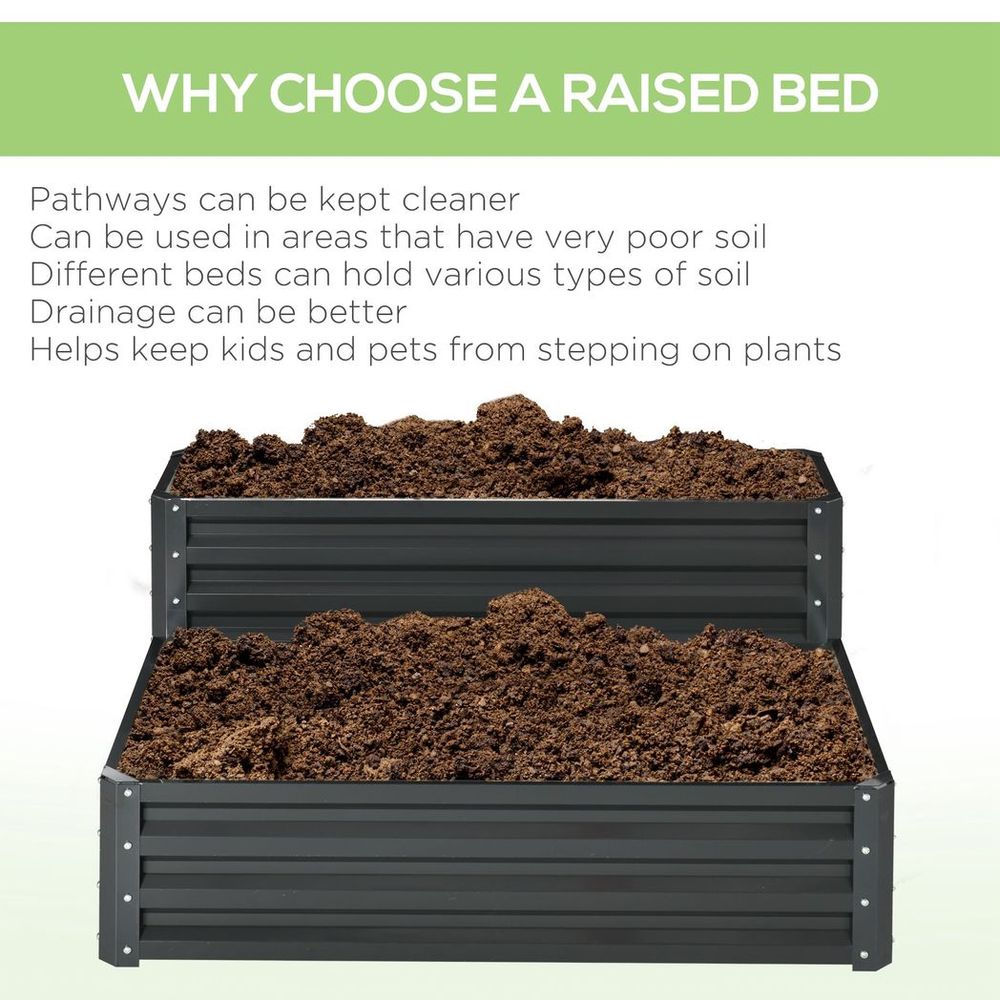 Outsunny 2 Tier Galvanised Raised Garden Bed Planter Box Open Bottom Dark Grey - anydaydirect