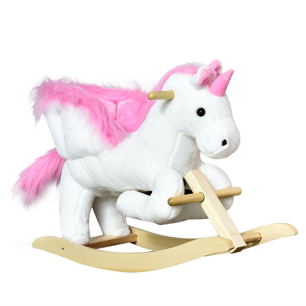 Kids Wooden Ride On Unicorn Rocking Horse Plush Toy Soft Seat Pink HOMCOM - anydaydirect