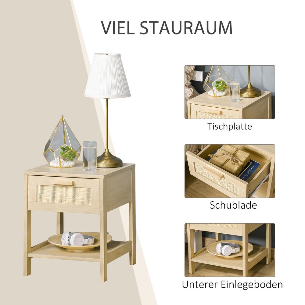 Bedside Table Nightstand W/ Rattan Drawer Storage Shelf Bedroom Living Room - anydaydirect