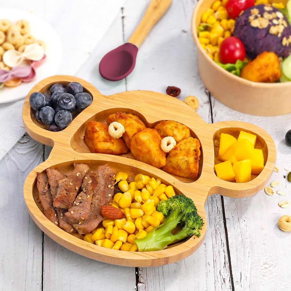 Bamboo Monkey Plate Bowl & Spoon Set Suction Bowls Stay-Put Design - anydaydirect