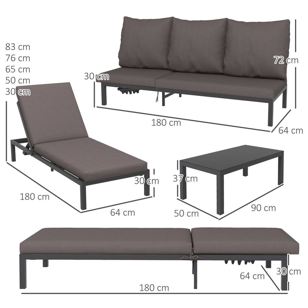 Outsunny 3-PCS PE Rattan Lounge Set, Aluminium Recliner Sofa Bed Set, Grey - anydaydirect