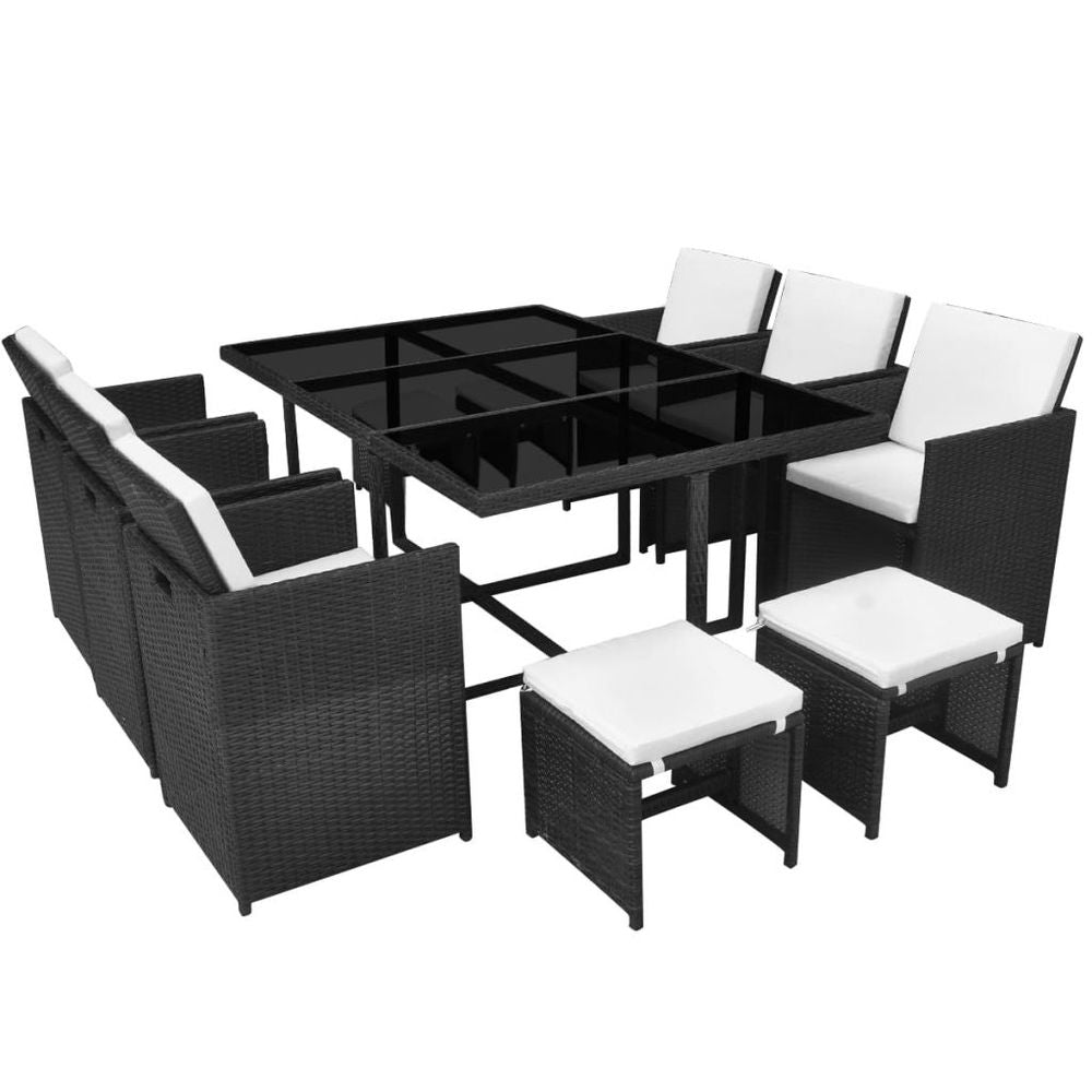 11 Piece Outdoor Dining Set with Cushions Poly Rattan Black - anydaydirect
