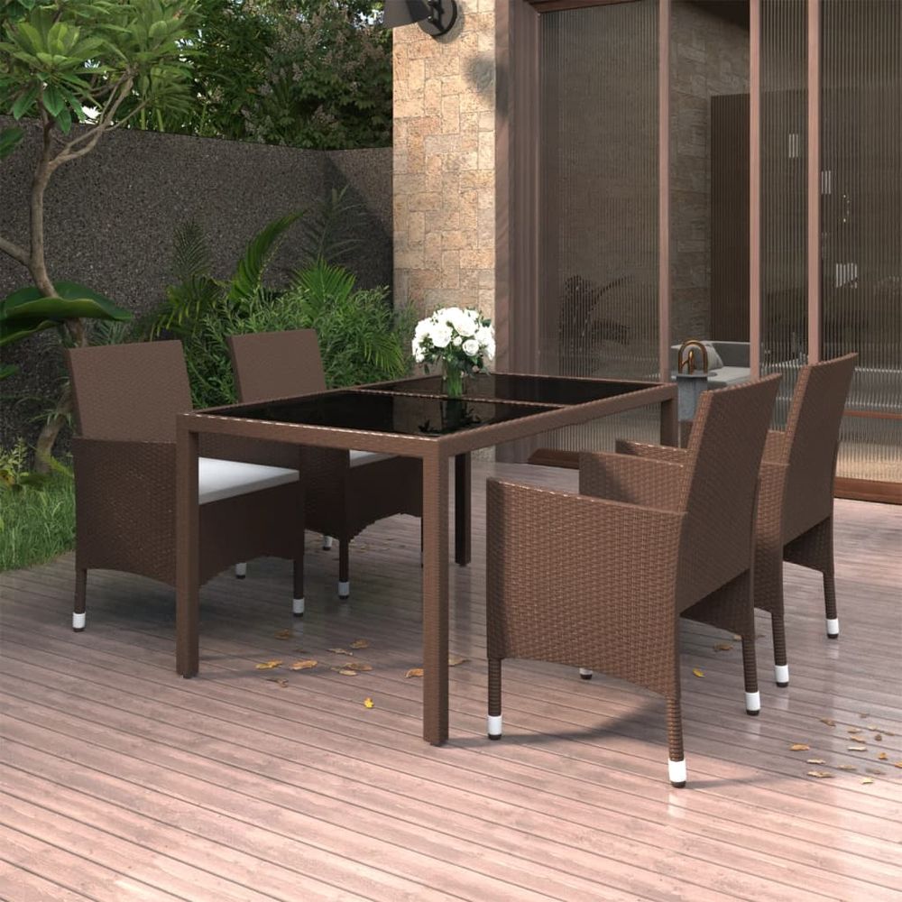 5 Piece Garden Dining Set Poly Rattan and Tempered Glass Brown - anydaydirect