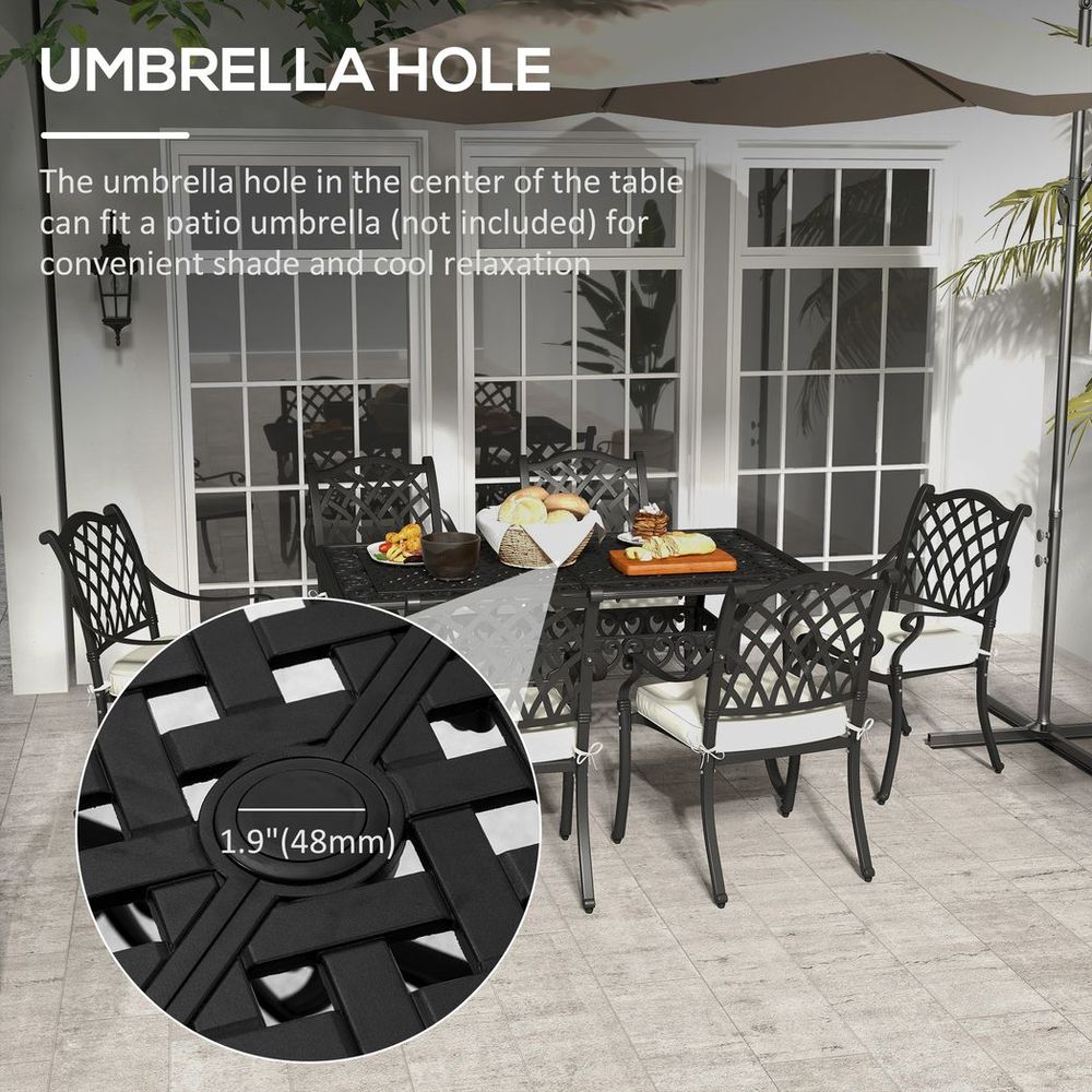 Outsunny 7-PC Cast Aluminium Patio Dining Set w/ Umbrella Hole & Cushion, Black - anydaydirect