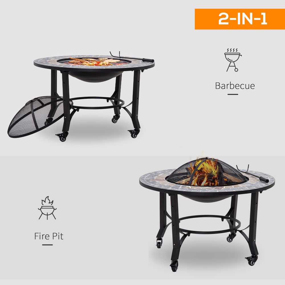 2-in-1 Outdoor Fire Pit Bowl on Wheels, Patio Heater & Cooking BBQ Grill, Mosaic - anydaydirect