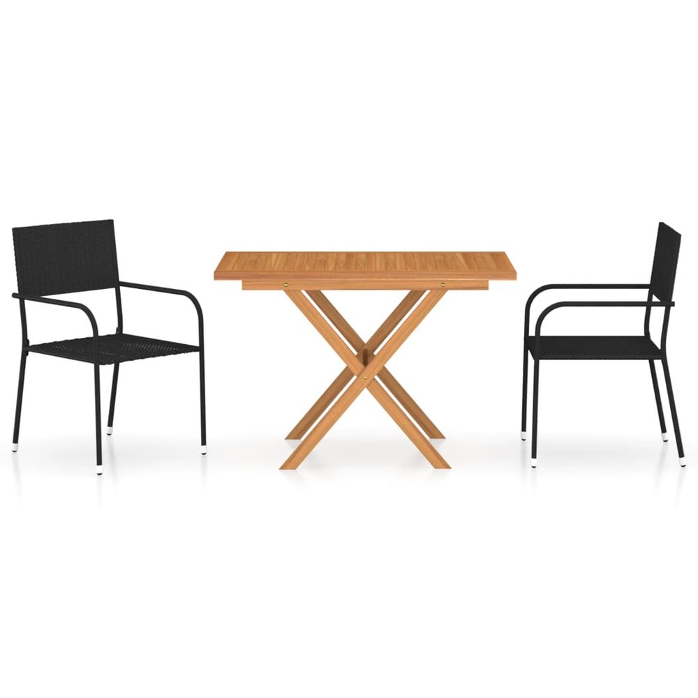 3 Piece Garden Dining Set Poly Rattan & Solid Acacia Wood Black - anydaydirect