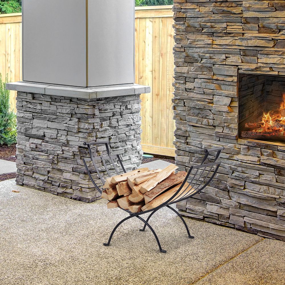 Folding Wood Log Holder Fireplace Storage Rack Matte Metal Elevated In Outdoor - anydaydirect
