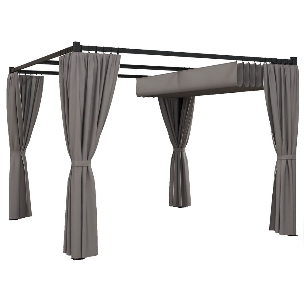 Outsunny 3 x 3(m) Pergola with Retractable Roof and Curtains, Light Grey - anydaydirect