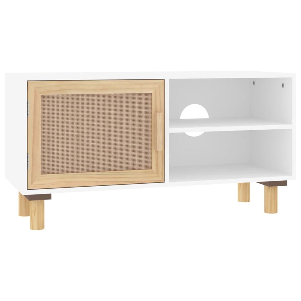 TV Cabinet White 80x30x40 cm Solid Wood Pine and Natural Rattan - anydaydirect