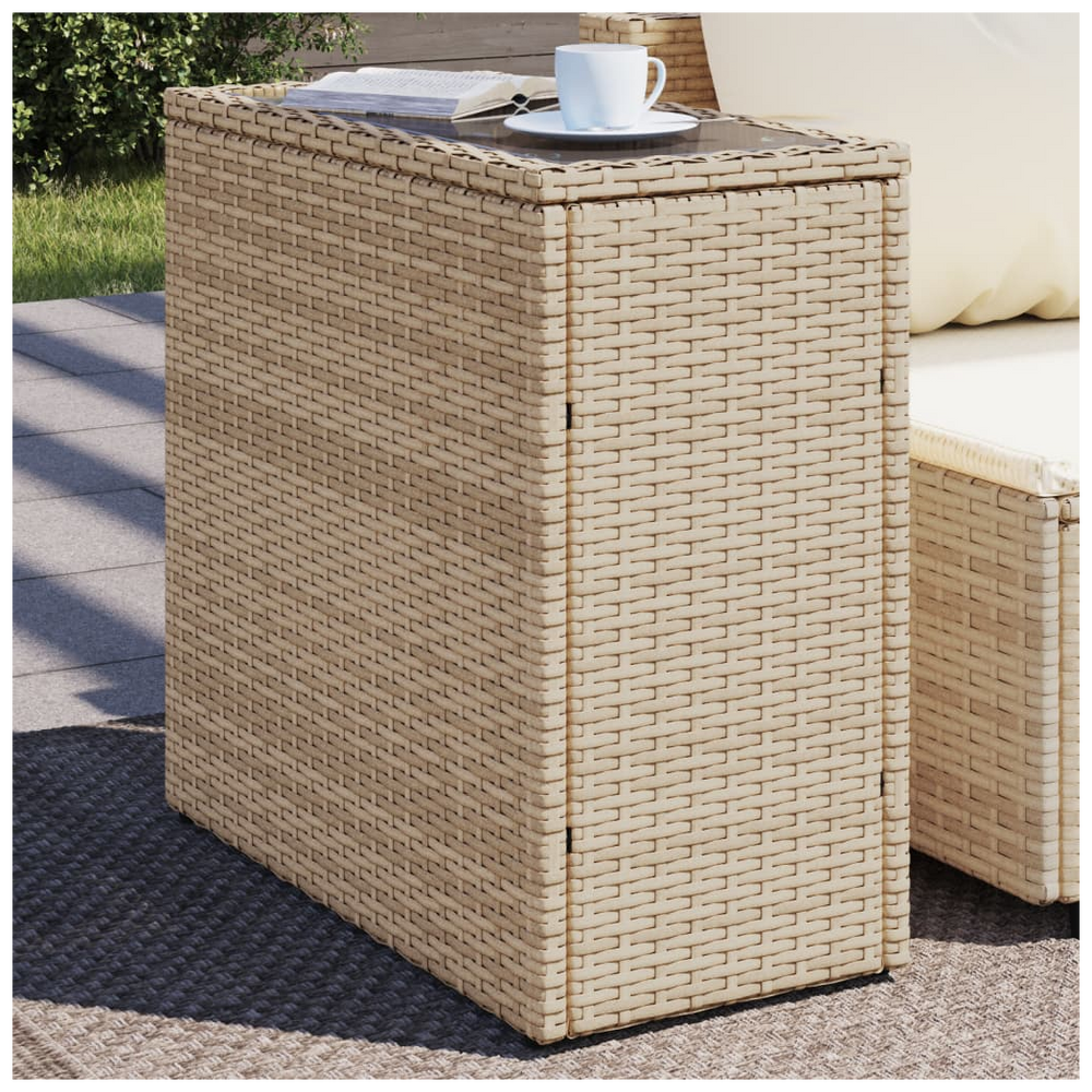 vidaXL Garden Side Table with Glass Top Beige 58x27.5x55 cm Poly Rattan - anydaydirect