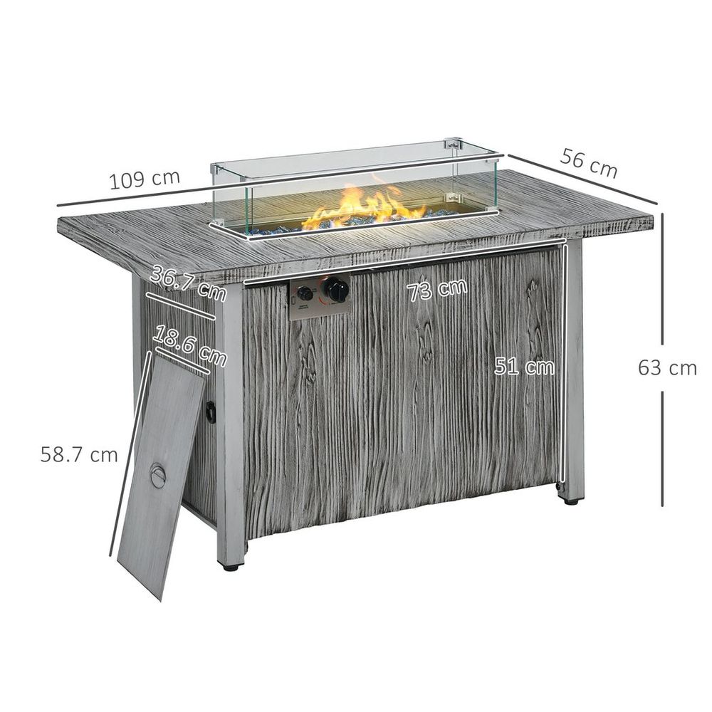 Outsunny Gas Fire Pit Table with 50,000 BTU Burner, Cover, Glass Screen, Grey - anydaydirect