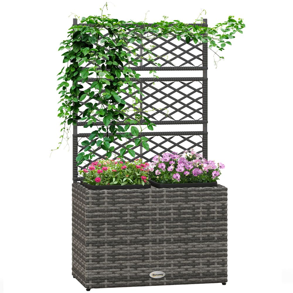 Outsunny Garden PE Rattan Planter Box with Trellis Flower Raised Bed 57x30x107cm - anydaydirect