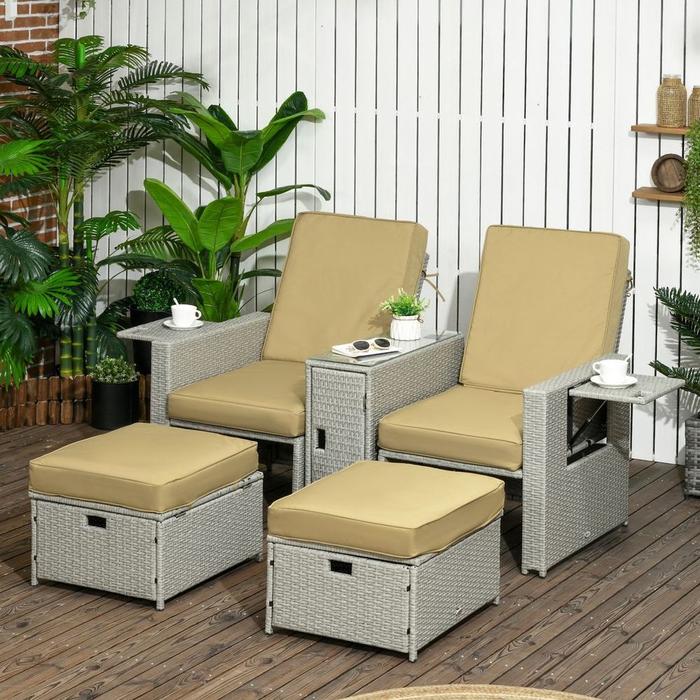 5-level Adjustable Rattan Sun Lounger w/ Storage Tea Table & Footstools, Beige - anydaydirect