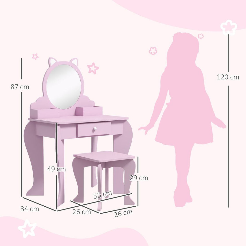 ZONEKIZ Kids Dressing Table Cat Design with Mirror Stool, Drawer, Storage Boxes - anydaydirect