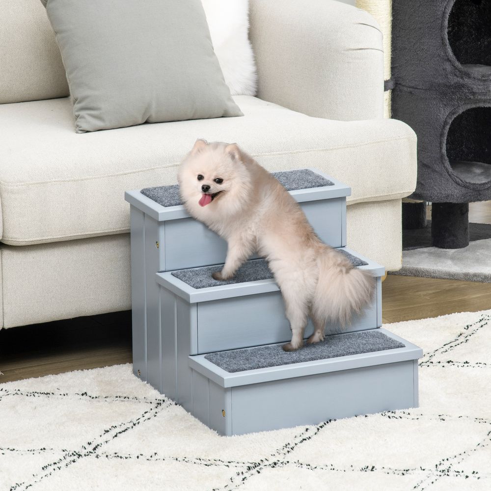 3 Step Wooden Dog Steps Pet Stairs Cat Ladder for Bed with Storage Grey Pawhut - anydaydirect
